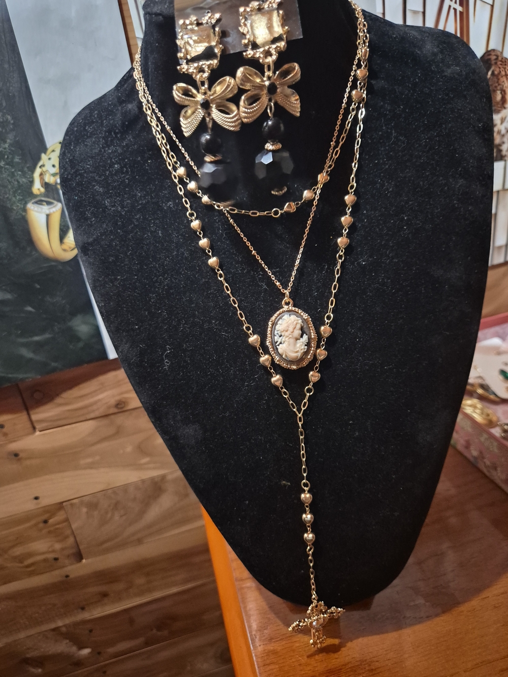 Gold Cameo Layered Necklace Set with Black Bead Accents